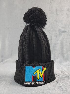 MTV Black Embroidered Logo Knit Cuffed Pom Beanie Winter Hat